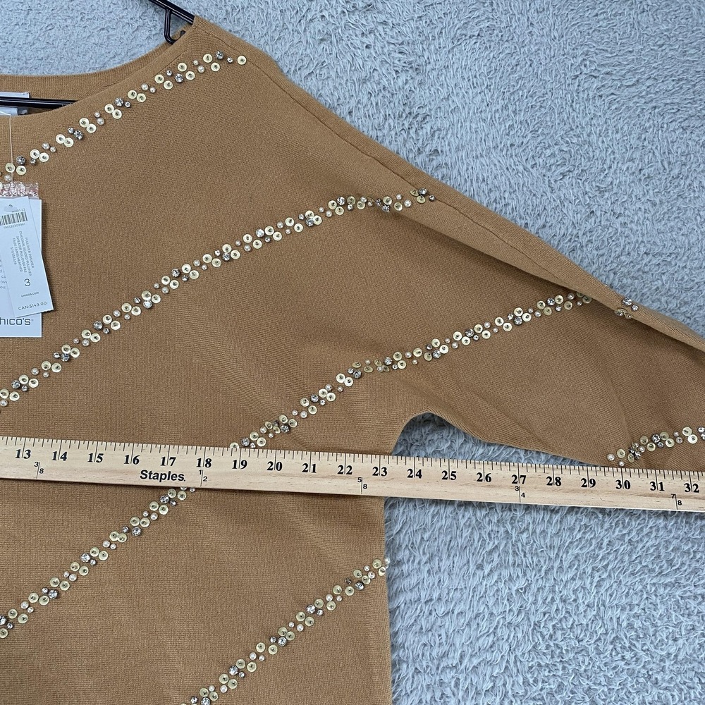 Chicos Sweater Womens 3 / XL Brown Diagonal Beaded‎ Neutral Knit Pullover Sequin - Picture 7 of 15